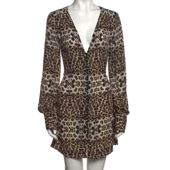 A.L.C. Daisy 100% Silk Animal Print Dress Small Long Sleeve V-Neck Loepard - Picture 1 of 15